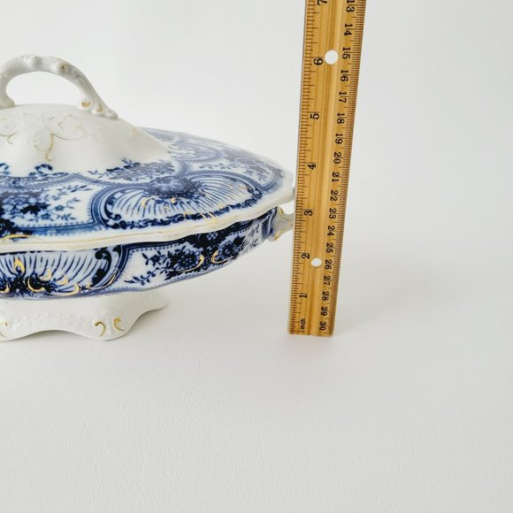 J&G Meakin Flow Blue Covered Vegetable Dish, Embossed w/Gold Accents, England - Picture 10 of 16